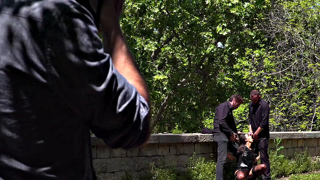 Throating teen in stockings spanked in public 3some