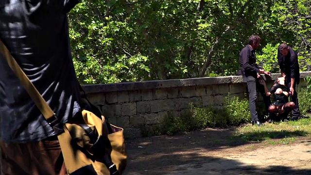 Throating teen in stockings spanked in public 3some