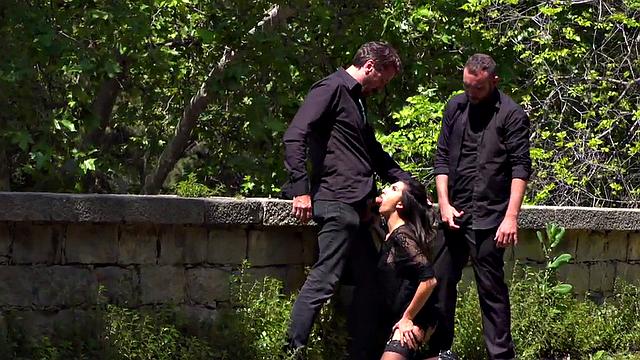 Throating teen in stockings spanked in public 3some