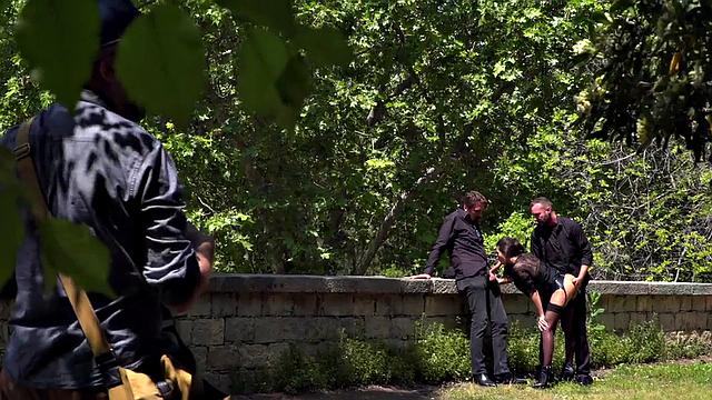 Throating teen in stockings spanked in public 3some