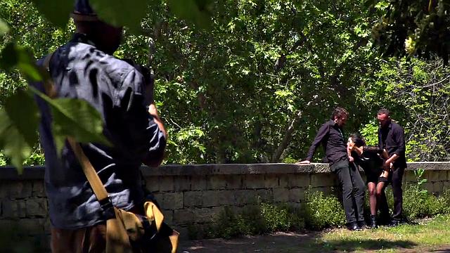 Throating teen in stockings spanked in public 3some