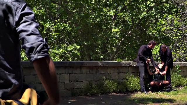 Throating teen in stockings spanked in public 3some