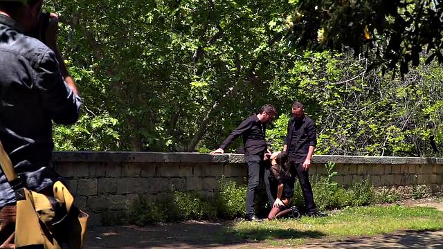 Throating teen in stockings spanked in public 3some