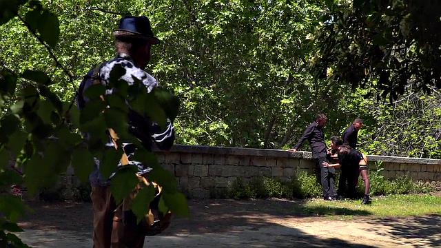 Throating teen in stockings spanked in public 3some