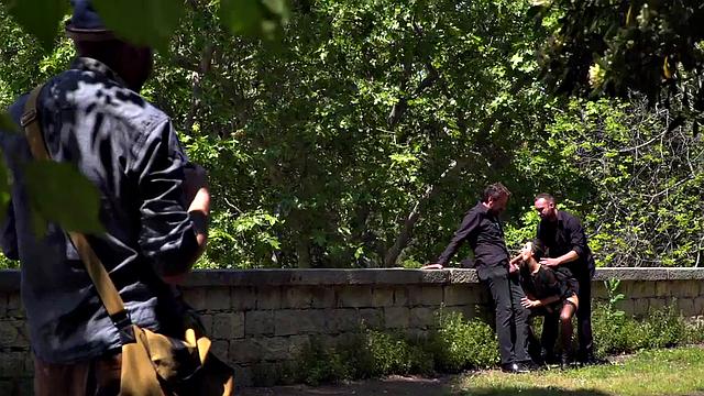 Throating teen in stockings spanked in public 3some