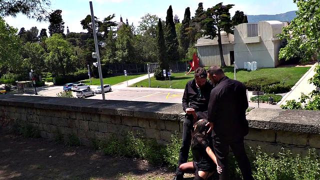 Throating teen in stockings spanked in public 3some