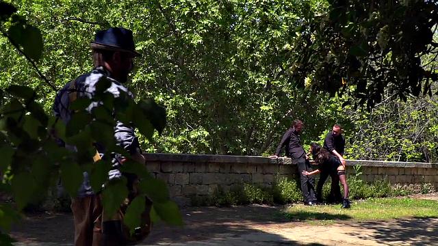 Throating teen in stockings spanked in public 3some