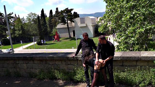 Throating teen in stockings spanked in public 3some