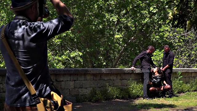 Throating teen in stockings spanked in public 3some