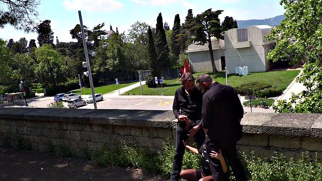 Throating teen in stockings spanked in public 3some