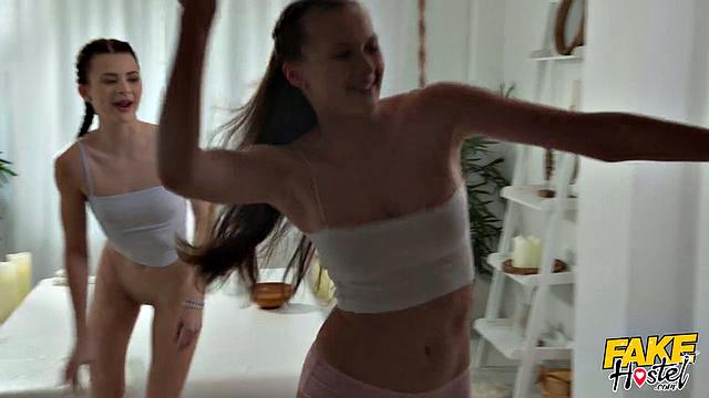 Lesbians get straight girl into threesome