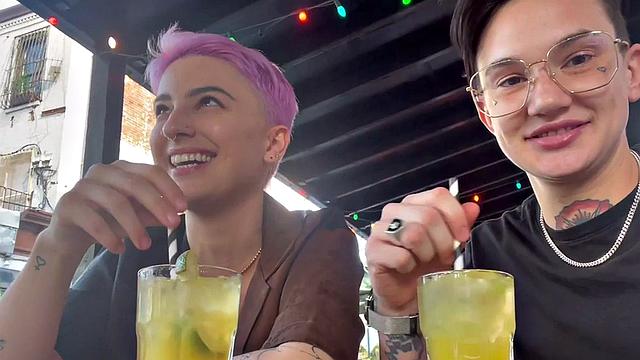 Tattooed queer licks GFs pussy in steamy sex at home