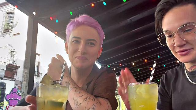 Tattooed queer licks GFs pussy in steamy sex at home