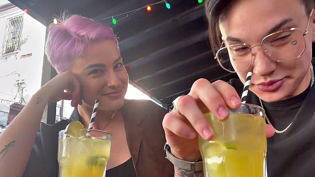 Tattooed queer licks GFs pussy in steamy sex at home