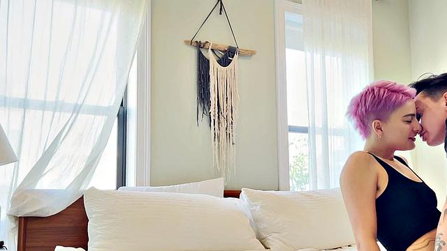 Tattooed queer licks GFs pussy in steamy sex at home