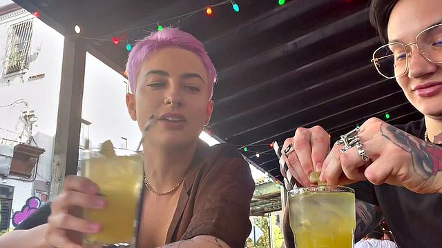 Tattooed queer licks GFs pussy in steamy sex at home