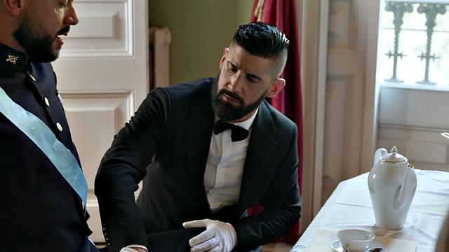 Tattooed jock barebacked till cum in royal palace