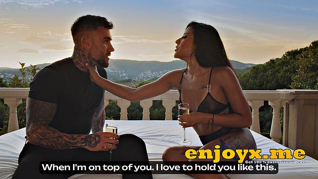 Andrea Retali, a Spanish brunette with long dark-hued hair, indulges in outdoor sex as the sun sets and inflames her desires.