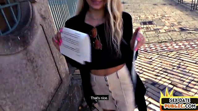 German sex date with petite amateur sucking cock outdoor in public
