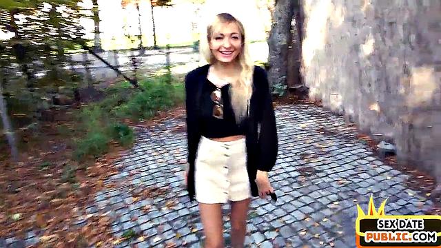 German sex date with petite amateur sucking cock outdoor in public