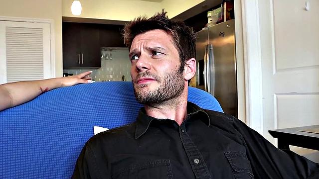 Femdom tattooed babe sucks BFs cock on couch