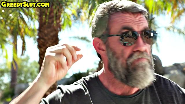 Cute babe gets smashed by grandpa outdoors