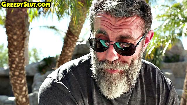 Cute babe gets smashed by grandpa outdoors