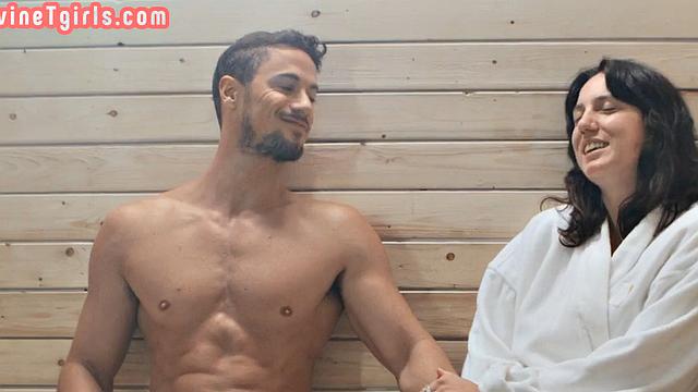 Trans beauty filled with male dick in anal hole