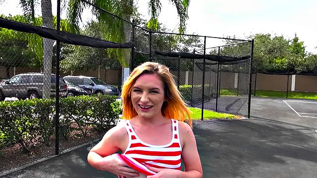 Naughty 18-year-old gets her bald pussy drilled outdoors by a straight guy in a caucasian outfit