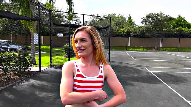 Naughty 18-year-old gets her bald pussy drilled outdoors by a straight guy in a caucasian outfit