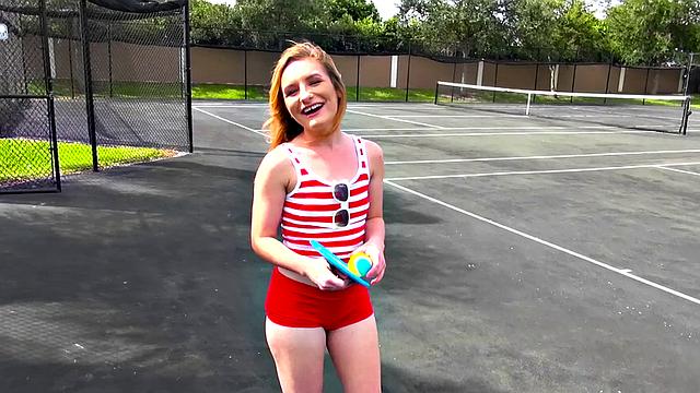 Naughty 18-year-old gets her bald pussy drilled outdoors by a straight guy in a caucasian outfit