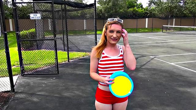 Naughty 18-year-old gets her bald pussy drilled outdoors by a straight guy in a caucasian outfit