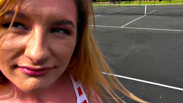 Naughty 18-year-old gets her bald pussy drilled outdoors by a straight guy in a caucasian outfit