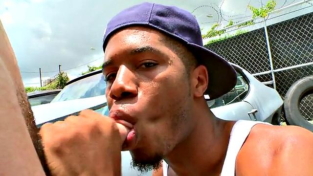 Nubian bottom fucked in doggy outdoor by white stud