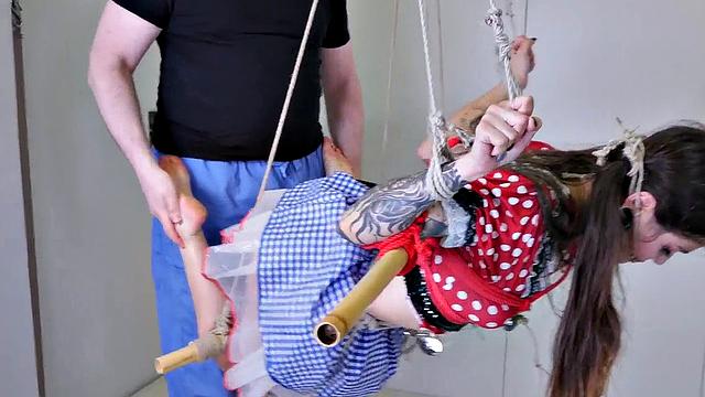 Face fucked sub girl is bound and toyed