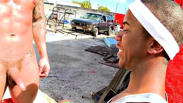 Real Ebony thug picked up and fucked by white guy outdoor.