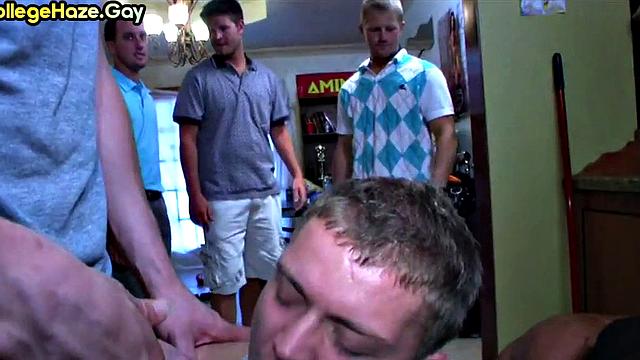 Submissive studs in apron suck in fraternity BJ orgy