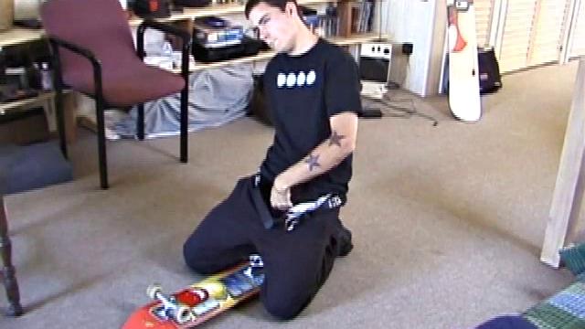 Dan wants to break in his new skateboard, so he puts on a porn video and starts getting his cock hard. We watch a nice long stroke show as he edges himself toward climax. Once he passes the point of no return, Dan shoots his load onto the skateboard.