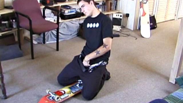 Dan wants to break in his new skateboard, so he puts on a porn video and starts getting his cock hard. We watch a nice long stroke show as he edges himself toward climax. Once he passes the point of no return, Dan shoots his load onto the skateboard.