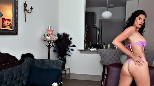 Busty lingerie ts showing off body jerking off