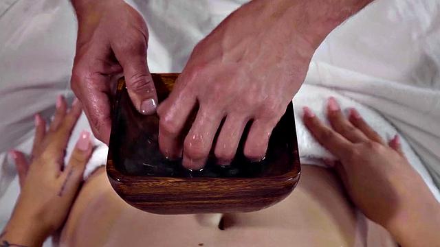 Oiled babe pussyfucked on massage by her masseur