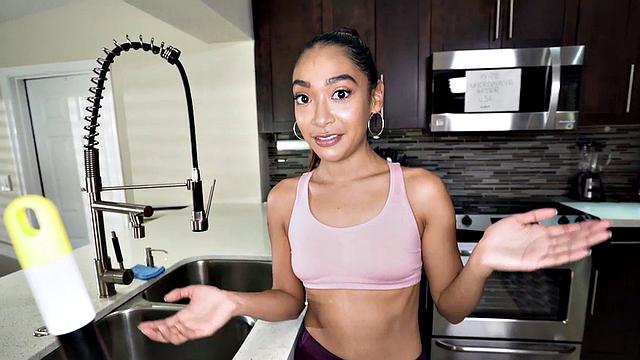 A skinny maid get her tight ass drilled before blowing and getting her tits sucked