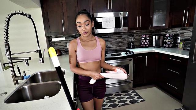 A skinny maid get her tight ass drilled before blowing and getting her tits sucked