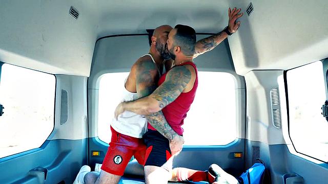Hairy bottom fisted and fucked by tattooed daddy in van