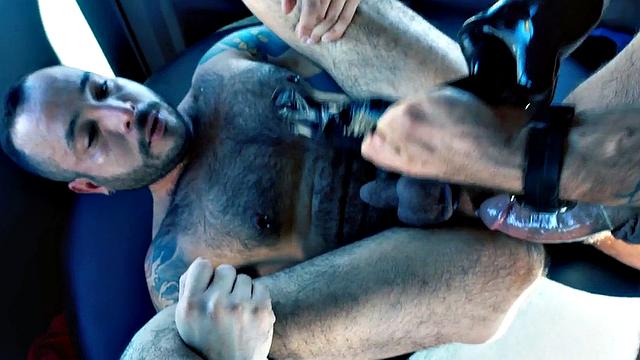 Hairy bottom fisted and fucked by tattooed daddy in van