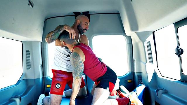 Hairy bottom fisted and fucked by tattooed daddy in van