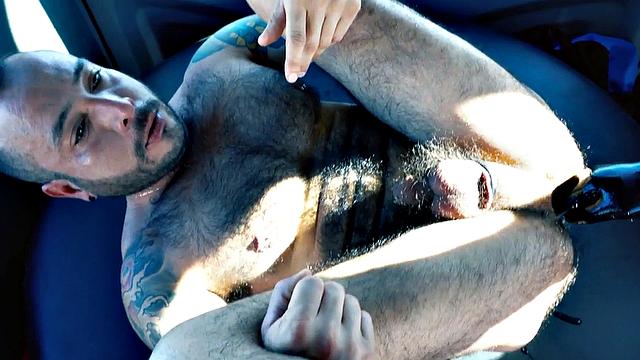 Hairy bottom fisted and fucked by tattooed daddy in van