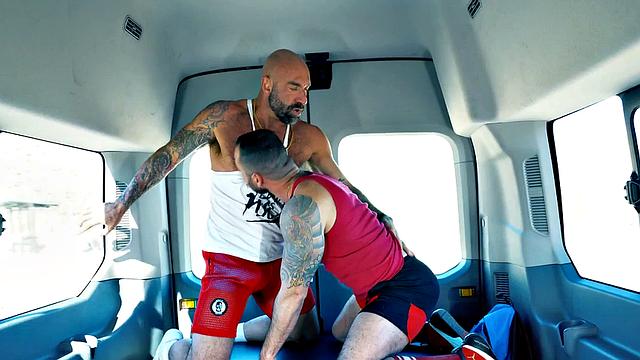 Hairy bottom fisted and fucked by tattooed daddy in van