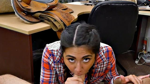 Cocksucking pawnshop babe pounded by shop owner