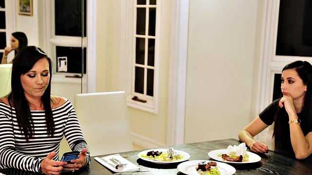 Lesbian squirting duo with two teen BFFs under table